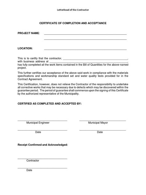 certificate of completion and acceptance template